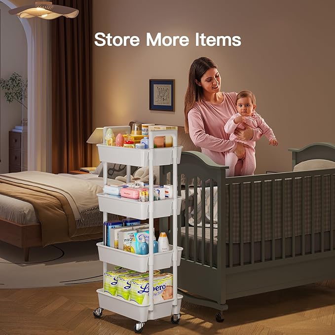 Pipishell 4 Tier Rolling Cart Organizer, Plastic Rolling Cart with Lockable Wheels & Reinforced Handle, Lightweight Utility Storage Cart for Nursery, Kitchen, Craft Room, White