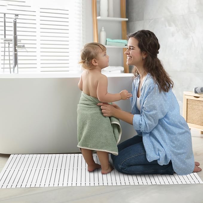 Bath Mat Bathroom Runner Long Large Rugs Floor Wood Shower Bathtub Waterproof Non Slip Accessories 16x48 Inch Easy to Clean, White, 1 pc