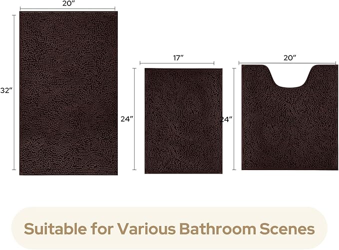 HOMEIDEAS 3 Pieces Bathroom Rugs, Ultra Soft Non Slip Absorbent Chenille Toilet Bath Mat Set (Brown)