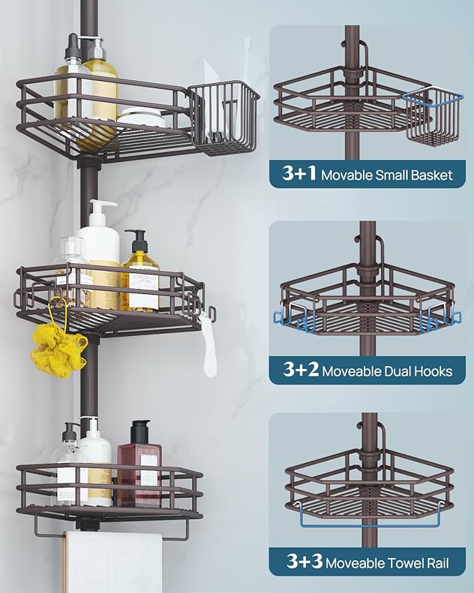 SEIRIONE Corner Shower Caddy Tension Pole, Quick Setup, Rust-Free Bathroom Shower Organizer Corner for Bathtub Shampoo Storage, 4-Tier Adjustable Shelf, Drill Free, Fits 34 to 116 Inch Height, Bronze