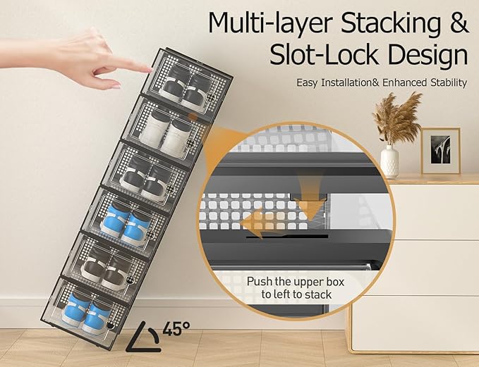Kuject XXX-Large Shoe Storage Boxes Organizers Clear Plastic Stackable 12 Pack, Shoe Rack & Holder Substitute, Sneaker Containers, Toy Storage Organizer Bins for,Closet, Under Bed, Black(No Fold Line)