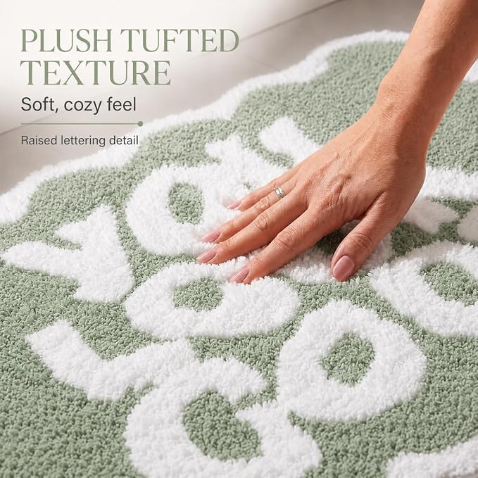 Scalloped Sage Green Bath Rug, You Look Good Cute Bathroom Rug, Soft Absorbent Quick Dry Bath Mat, TPR Non Slip Backing, Microfiber Mat for Shower Tub Sink Vanity 20" x 31.5"