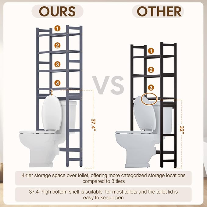 Cozivolife Over The Toilet Storage: 4-Tier Bamboo Organizer Rack with 2 Baskets & Paper Holder & 4 Hooks & Waterproof Feet Pad, Adjustable Freestanding Shelf for Bathroom (Grey)