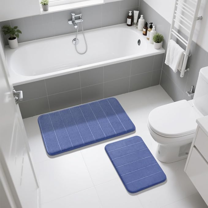 Yimobra Memory Foam Bathroom Rugs Sets 2 Piece - Super Soft Absorbent Quick Dry Bath Mat Set, Machine Washable Non Slip Floor Carpet for Tub Shower & Single Sink (17x24 & 31.5x20 Inch, Navy Blue)