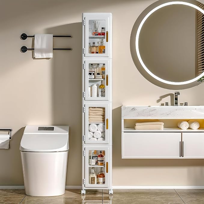 VECELO 4 Tier Tall Plastic Slim Storage Cabinet with Lockable Wheels, Adjustable Shelves, Anti-Tip for Bathroom, Living Room, Laundry Room, Kitchen, Narrow/Small Space, Easy Assembly, Clear