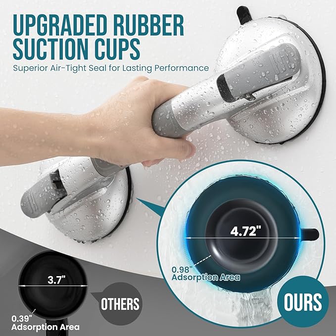 TAILI Grab Bars for Bathtubs and Showers, Shower Handles for Elderly Suction,Maximum 330lbs,Shower Grab Bar with Upgraded Rubber Suction Cups Safety Grip for Senior,No Drilling Removable,Silver