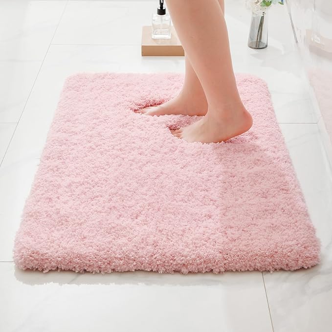 ILANGO Dark Pink Bathroom Rugs 24" × 17" Small Non Slip & Super Absorbent Extra Thick Soft, Washable Bath Mat for Floor, Microfiber Plush Shaggy Bath Rug with Rubber for Bathtub Shower Room Sink