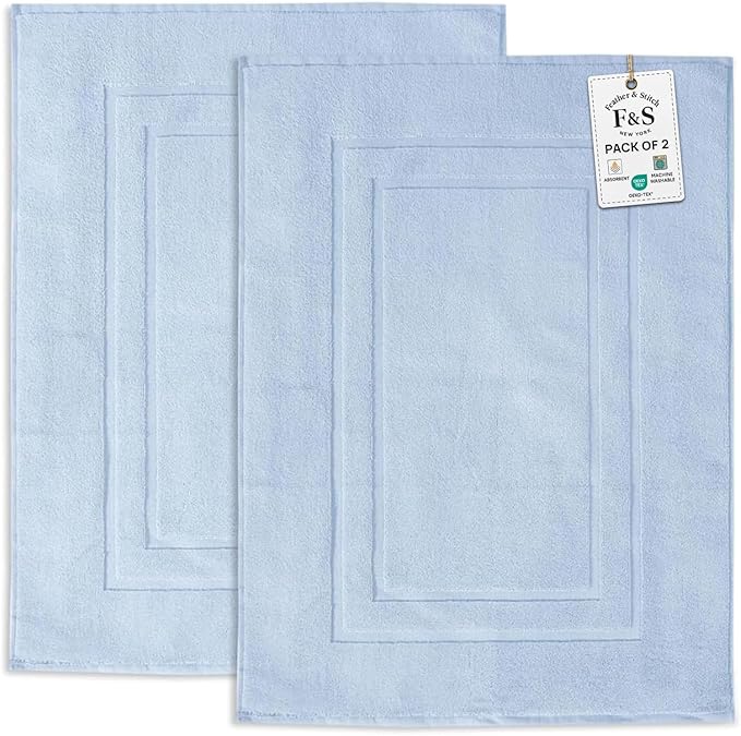 Feather & Stitch 2 Piece Towel Like Bath Mats (30x21 Inch) 100% Cotton Terry Bath Mats, Bathroom Shower Floor Mats [NOT A Bathroom Rug], Soft Absorbent Washable Mats - Sky Blue