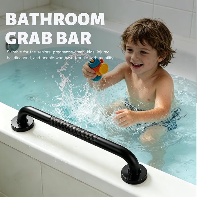 12 Inch Shower Grab Bar 1.25" Dia, 2 Pack Black Anti Slip Bathroom Grab Bar, 304 Stainless Steel Knurled Handicap Grab Bars, Safety Support Handrail,Bath Shower Handle for Elderly Injury Senior