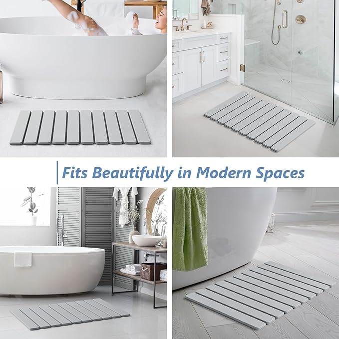 AWW Foldable Stone Bath Mat, Quick Dry Diatomaceous Earth Bath Mat with Non-Slip Mat, Super Absorbent, Easy to Clean, Compact for Small Bathrooms, 23.6 x 15.5, Light Grey