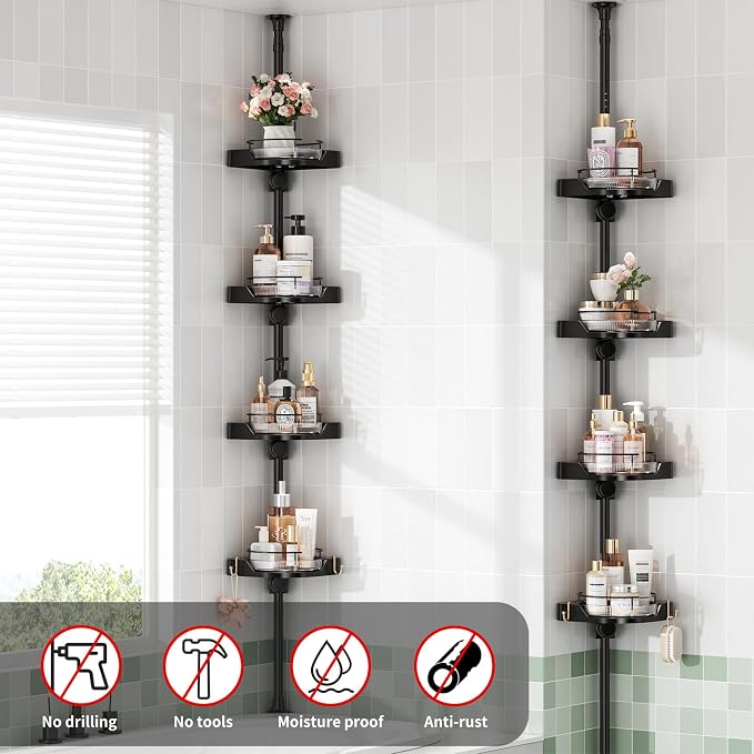 YCIA&DONE 360° Rotating Shower Caddy Tension Pole, 4 Tiers Corner Shower Organizer for Bathroom Shelf Bathtub, Adjustable Standing Shower Rack, Easily Assemble, 34-124 Inch Height, Black