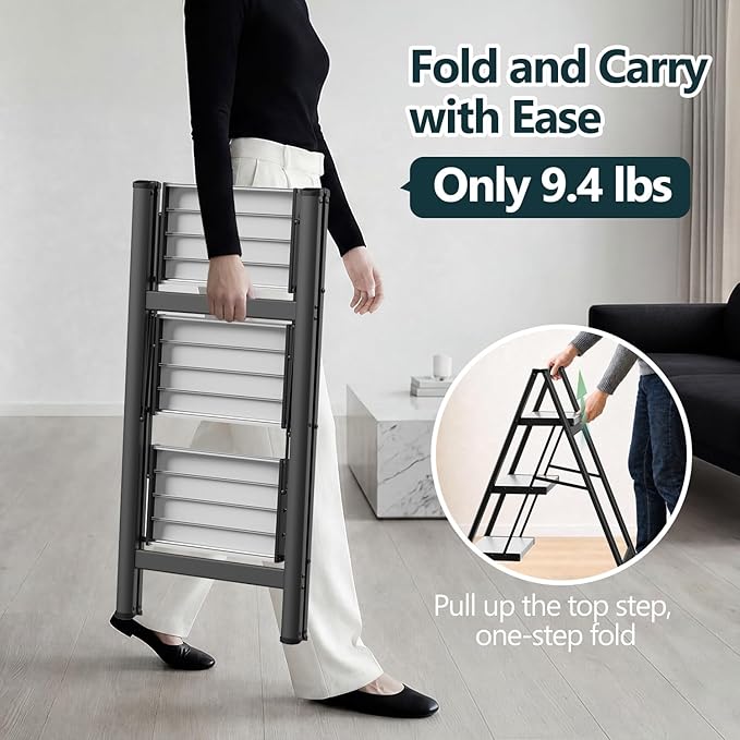 WOA WOA 3 Step Ladder, Folding Step Stool with Wide Non-Slip Aluminum Pedals, Stable and Portable, 330 lbs Capacity, for Home, Kitchen, Office - Black & White