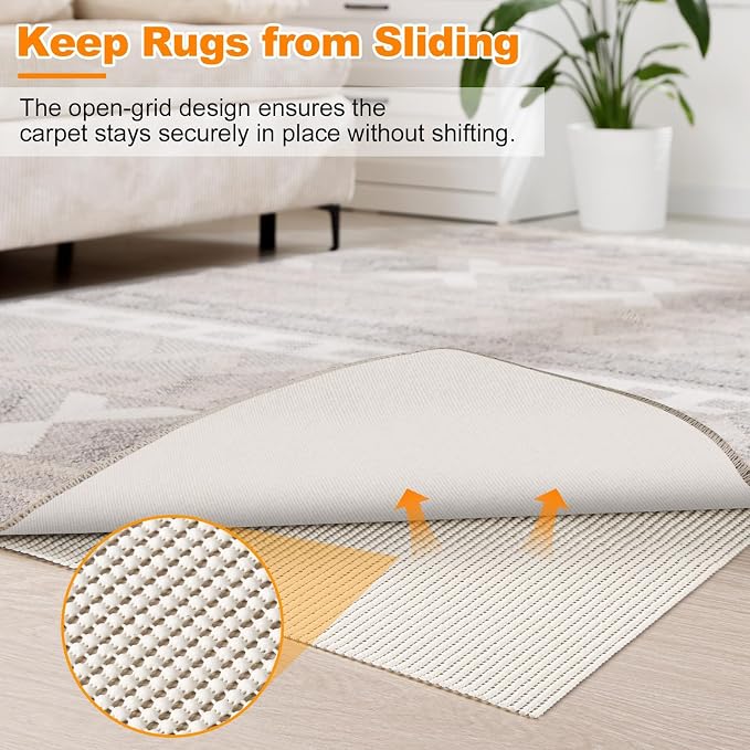 Songrey Non-Slip Rug Pad 10x12 FT, Extra Thick Carpet Pads for Hard Surfaces, Prevents Sliding and Secures Rugs, Provides Floor Protection with Comfort Cushioning