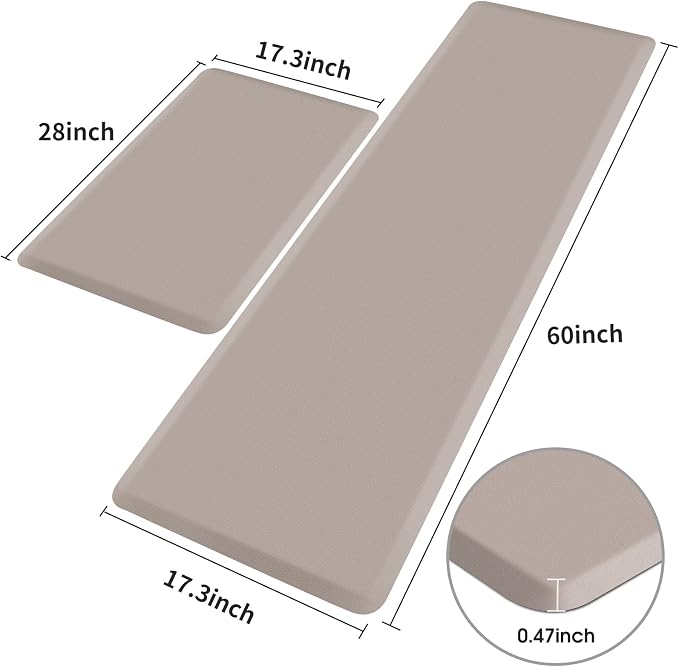 HappyTrends Kitchen Mat,17.3"x28"+17.3"x60" Khaki, Cushioned Comfort Anti-Fatigue Waterproof Floor Mat Kitchen Rugs, Thick Perfect Ergonomic Foam Standing mat for Kitchen, Home, Office, Laundry