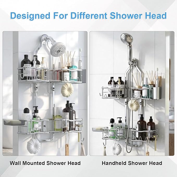 Shower Caddy Hanging Organizer, Rustproof Shower Organizer Hanging for Handheld Showerhead with Hooks for Razor/Sponge, Bathroom Caddy Rack Shower Shelves for Shampoo Soap Towels, Silver