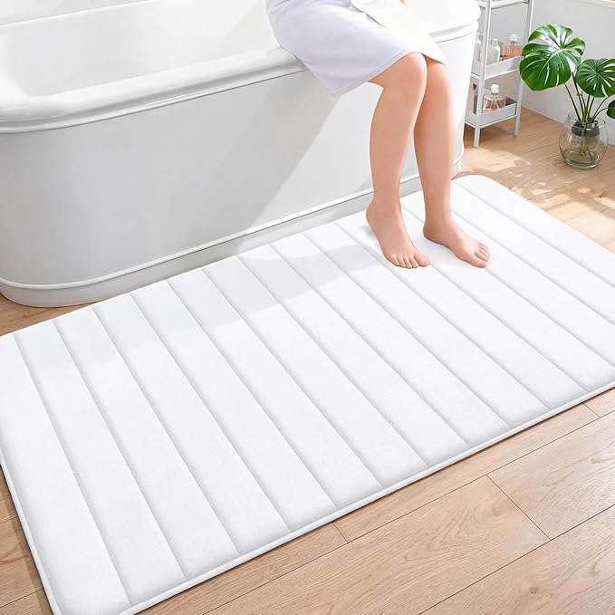 OLANLY Memory Foam Bath Mat 59x35, Super Soft Absorbent Bathroom Rugs, Quick Dry, Machine Washable Shower Floor Rugs, Bathmat Carpet, Bathroom Home Decor Accessories, White