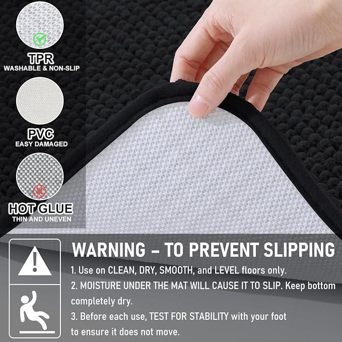 Arotive Bathroom Rugs 24" x 16", Ultra Soft Absorbent Chenille Bath Rugs, Non-Slip Rubber Backing, Machine Washable Bath Mats for Bathroom Floor, Tub and Shower, Home Decor Accessories, Black