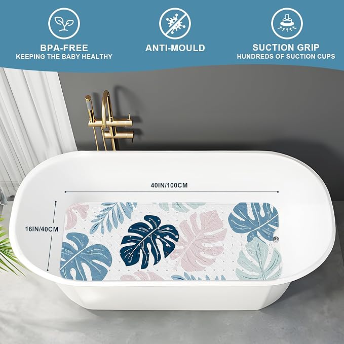XIYUNTE Baby Bath Mat for Tub Non Slip Kids, BPA Free Extra Long Bathtub Mat 40x16 with Drain Holes and 200 Suction Cups, Non Toxic Machine Washable Toddler Bath Mat, Eco-Friendly Certified
