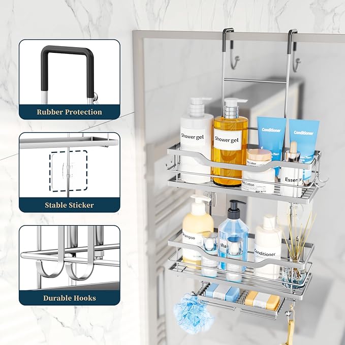 Consumest Over The Door Shower Caddy - 3 Tier Shower Shelves Hanging with Soap Holders, Large Capacity Shower Organizer with 6 Hooks, Bathroom Rack and Storage, Silver
