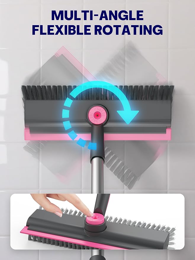 Floor Scrub Brush with Long Handle, 3 in 1 Multi-angle Swivel Right Angled Bristle Floor Scrubber Brush with Squeegee and Tweezer for Tile Wall Deck Bathroom Patio Garage Kitchen (Pink and Grey)