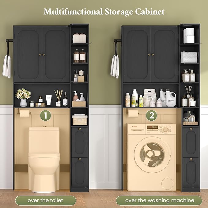 7-Tier L-Shaped Over the Toilet Storage Cabinet with Doors, 2 Large Drawers, Tissue Holder & Towel Holder, Bathroom Over Toilet Storage Cabinet with Adjustable Shelf for Bathroom, Black