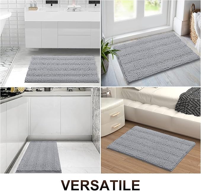 Grandaily Chenille Striped Bathroom Rugs 36x24, Extra Thick and Absorbent Bath Mats, Non-Slip Soft Plush Shaggy Shower Carpet, Machine Wash Dry, Bath Rug for Bathroom, (Large, Light Grey)