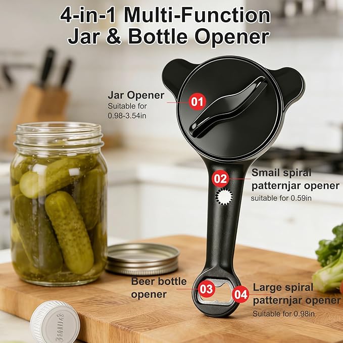 Jar Openers for Seniors, 4-in-1 Can Opener for Weak Hands & Seniors – Ergonomic Non-Slip Handle, Fits 1-3.5 Inch Kitchen Mason Jars, Bottles & Cans (Black)