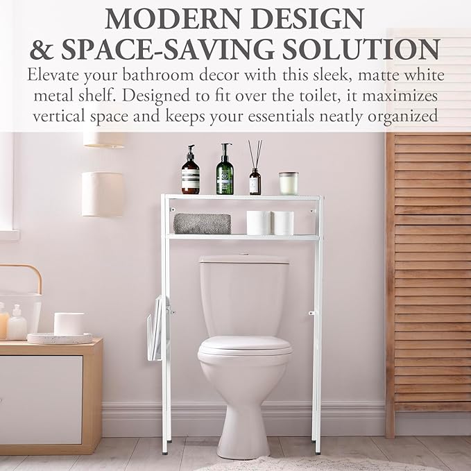 MyGift Over The Toilet Storage, 2-Tier Over Toilet Bathroom Organizer with Removable Magazine Holder Basket, Fit Most Toilets, Space-Saving, Easy Assembly, White