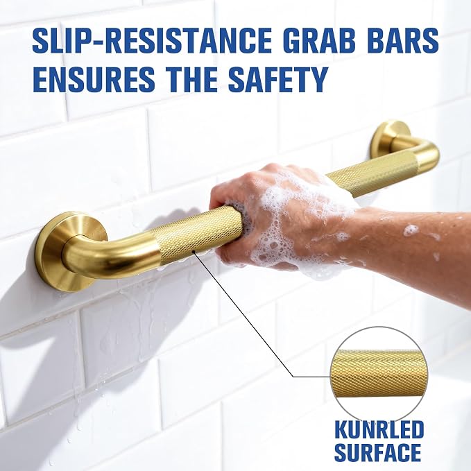 16 Inch Gold Grab Bars for Shower 2 Pack,1.25'' Diameter Heavy Duty Stainless Steel Anti-Slip Bathroom Safety Handicap Grab Bar for Shower, Bathtub & Toilet, Wall Mounted, Supports 500lbs