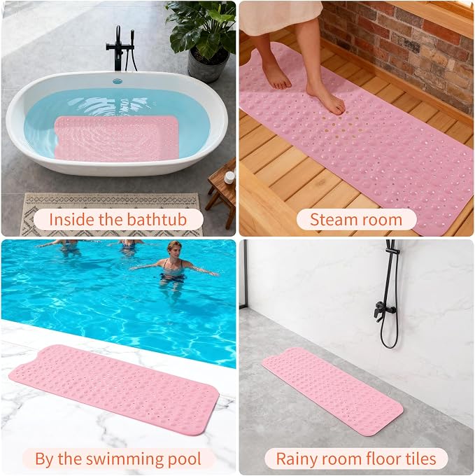 Anti-Slip Bathtub Shower mat, 40×16 inch（ 100 × 40cm） Soft Oversized Machine Washable Non-Slip Bathtub mat with Drainage Holes, Bathroom Floor Suction Cup.（1-Opaque Pink）