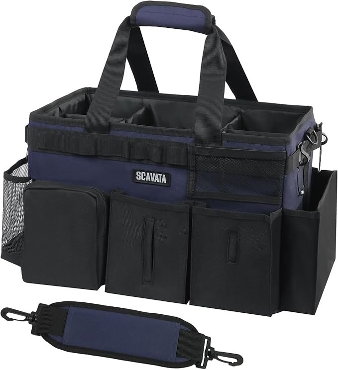 SCAVATA Wearable Cleaning Caddy Bag, Cleaning Caddy Supplies Organizer with Handle & Shoulder Straps for Housekeepers, Under Sink & Car Cleaning Tool Organizers with 4 Foldable Divider Navy (DarkBlue)