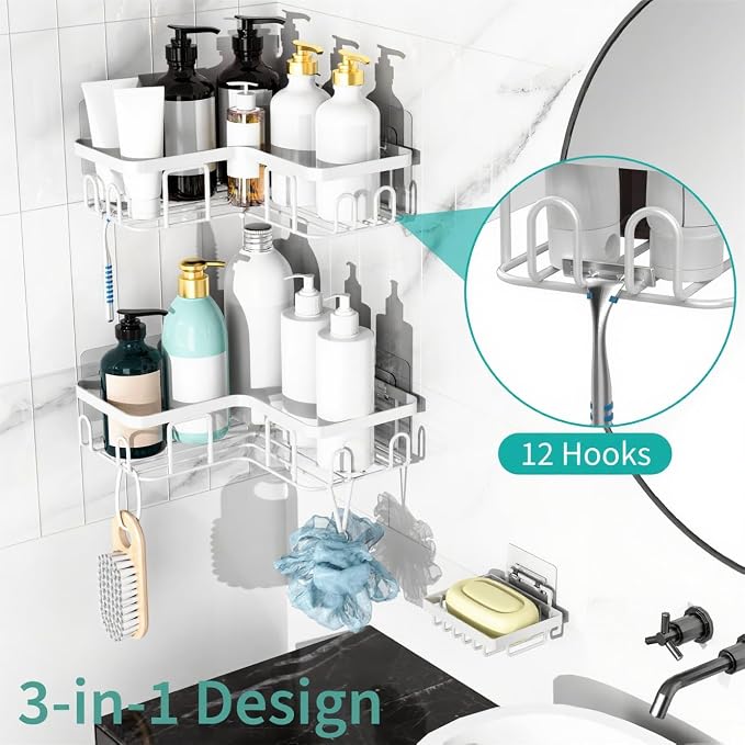 Moforoco Corner Adhesive Shower Caddy, with Soap Holder and 12 Hooks, Rustproof Stainless Steel Bathroom Organizer, No Drilling Wall Mounted Rack, Black, 3-Pack(White)
