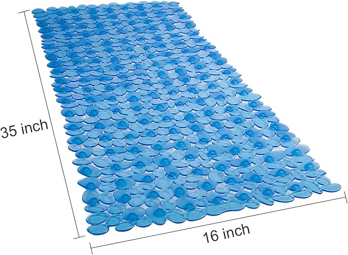 WELTRXE Non Slip Bathtub Mat, 35 x 16 Inches Bathroom Pebbles Shower Mat with Suction Cups, Drain Holes, Suction Bath Mats for Tub Machine Washable - Clear Blue