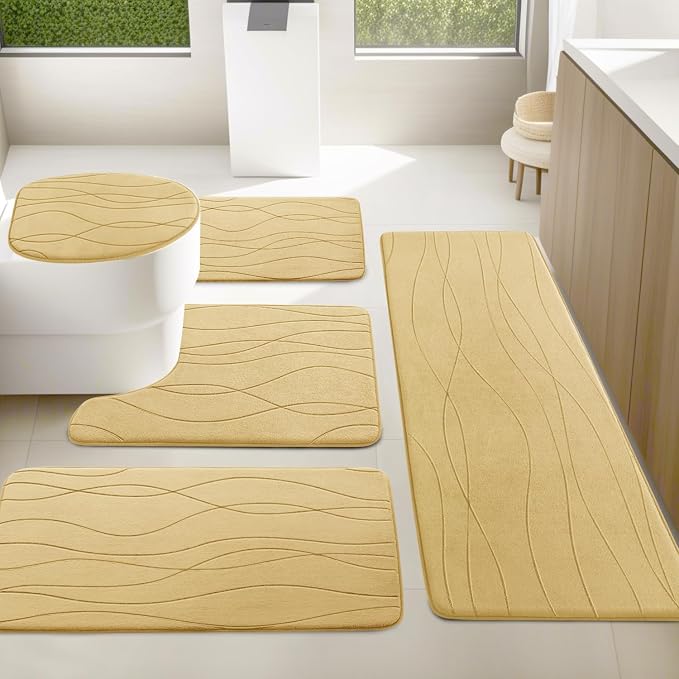 YIHOUSE Memory Foam Bathroom Rug Sets, Beige, 5 Piece | Ultra Soft, Absorbent, Non-Slip, Machine Washable