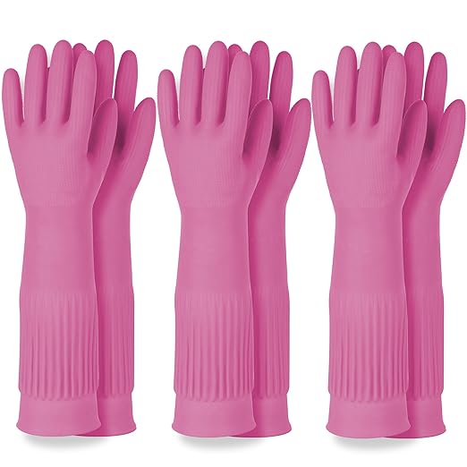 DABOGOSA Mamison 2 Pairs Reusable Waterproof Household Dishwashing Cleaning Rubber Gloves, Non-Slip Kitchen Glove (Pink, XXL (Pack of 3))