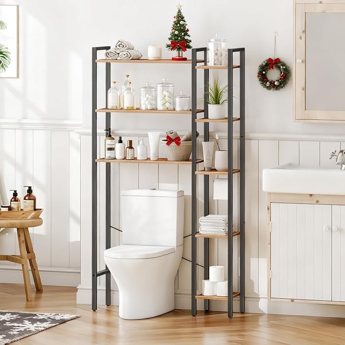 HOOBRO Over The Toilet Storage, 8-Tier Bathroom Organizer Over Toilet Shelf, Storage Rack Above Toilet Stand, Freestanding Space Saver, Toilet Paper Holder, Rustic Brown and Black BF86TS01