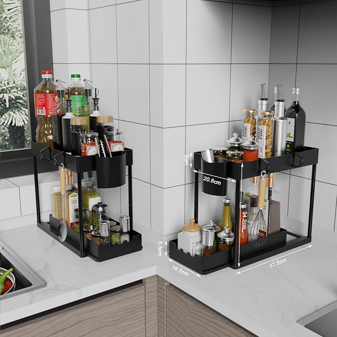 2 Pack Under Sink Organizers and Storage, 2-Tier Sliding Cabinet Organizer Drawer for Bathroom and Kitchen – Multi-Purpose Cabinet Organizer with Easy Pull-Out Design (Black)