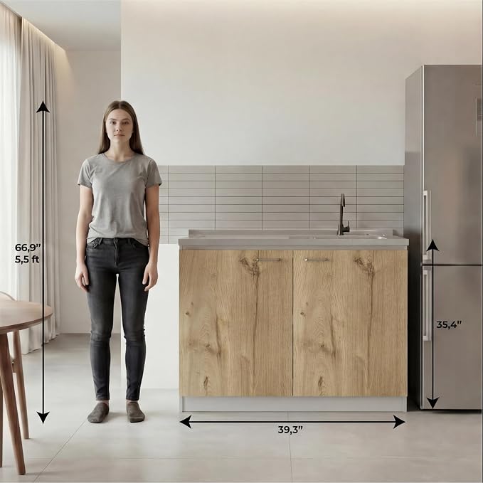 Tuhome Napoles Utility Sink Base Cabinet with Integrated Stainless Steel Countertop, Freestanding Cabinet with Double Doors, Interior Shelf for Laundry Room, Utility Room, Mudroom or Kitchen