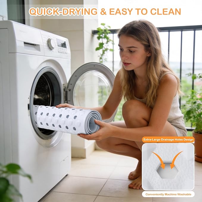 Yimobra Bathtub Mat Non Slip, 34.5"X15.5" Long Shower Mat for Inside Shower, Machine Washable Bath Mat with Drain Holes & Strong Suction Cups, Soft on Feet, Bathroom Essentials, White
