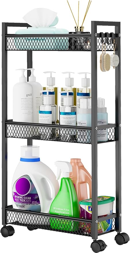 YASONIC Slim Rolling Storage Cart, Metal 3 Tier Bathroom Storage Organizer Laundry Room Utility Cart for Kitchen, Bthroom, Makeup, Craft, Laundry Narrow Places, Black