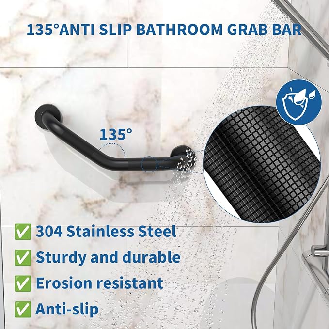 16 Inch Angled Shower Grab Bar,Munzong Black Anti Slip Bathroom Grab Bar, Knurled Bathroom Balance Bar,Safety Hand Rail Support Handicap Elderly Injury Senior Assist Bath Handle