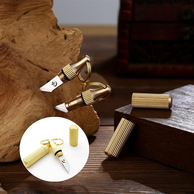 2 Pcs Brass Keychain Package Opener - Compact Multi - Function Tool with Secure Lock, Portable for Travel/Office/Daily Use, Capsule Pendant Knife for Keys Unboxing