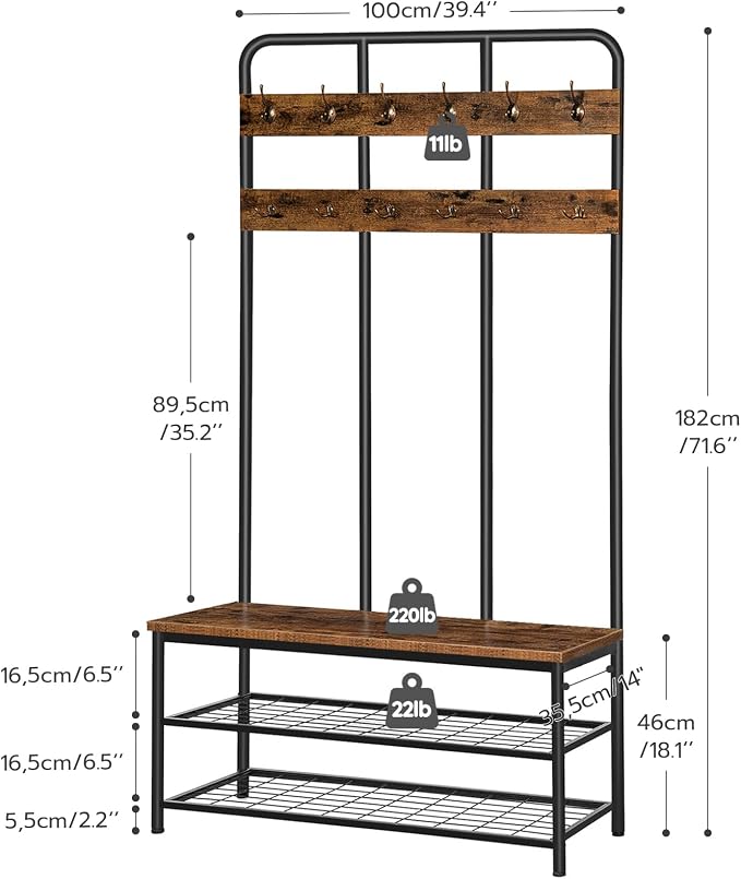 HOOBRO Hall Tree with Bench, Entryway Bench with Coat Rack, Mud Room Rack with 12 Double Hooks and Shoe Storage, Coat Tree, Shoe Rack Organizer, for Foyer, Front Door, Rustic Brown BF05MT01