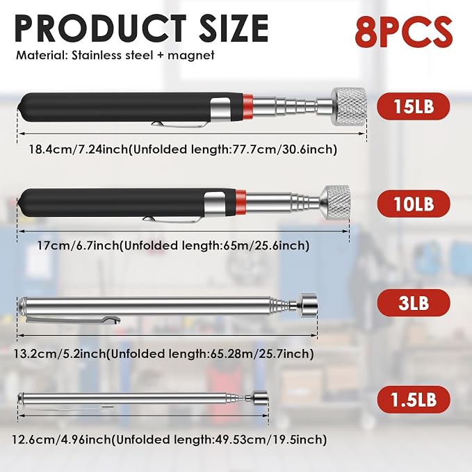 8Pcs Telescoping Magnetic Pickup Tool, 1.5/3/10/15LB Capacity Retractable Magnetic Grabber Tools, Stainless Steel Extendable Stick Reacher grabberTools, Portable Pickup Tool for Bolt Screw (8)