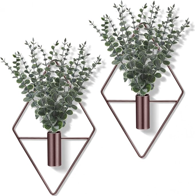 Jexine 8 Pcs Hanging Planters with Artificial Eucalyptus Metal Hanging Vase Indoor Plants Holder Modern Geometric Boho Bathroom Wall Decor for Living Room Home Office, Bronze