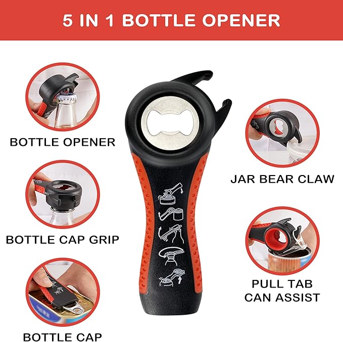 Jar Opener for Weak Hands, Seniors with Arthritis, 5 in 1 Multi Function Bottle Opener Lid Opener For Arthritic Hands with Non Slip Rubber Jar opener Gripper Pad and Corkscrew Wine Opener(RED)