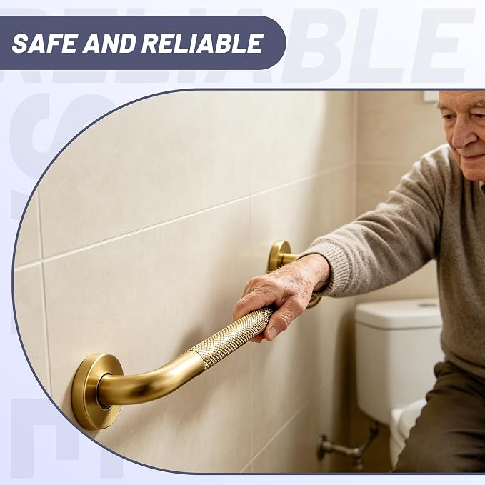 36 Inch Shower Grab Bar, Brushed Gold Anti Slip Safety Bars, 304 Stainless Steel Bathroom Handrail, Handicap Grab Bars for Wall, Shower Grip Handle for Seniors Elderly Injury Assist Bath (1.25" Dia)