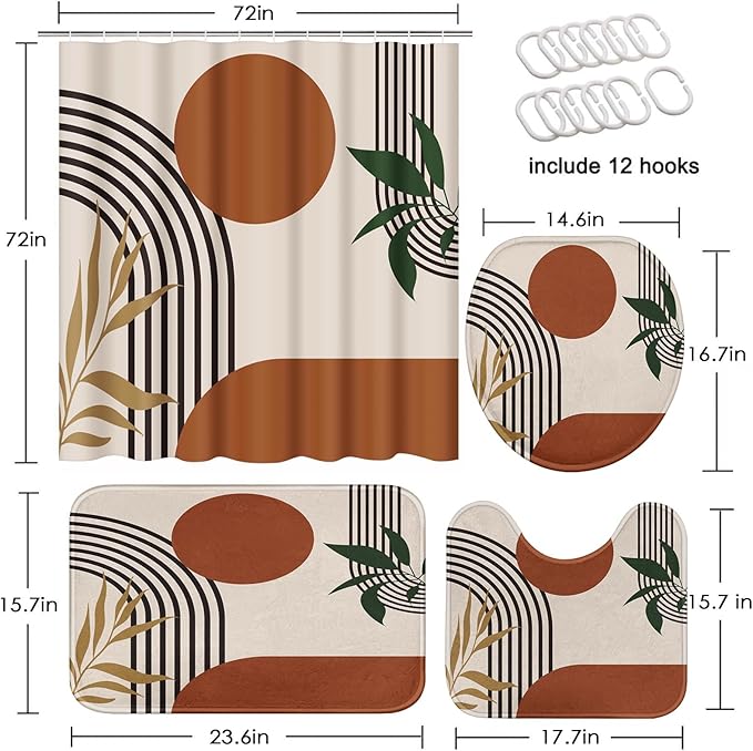Boho Mid Century Shower Curtain Set with Toilet Lid Cover and Non-Slip Rugs, Abstract Geometric 4 Pcs Modern Minimalist Shower Curtain for Bathroom Set with 12 Hooks