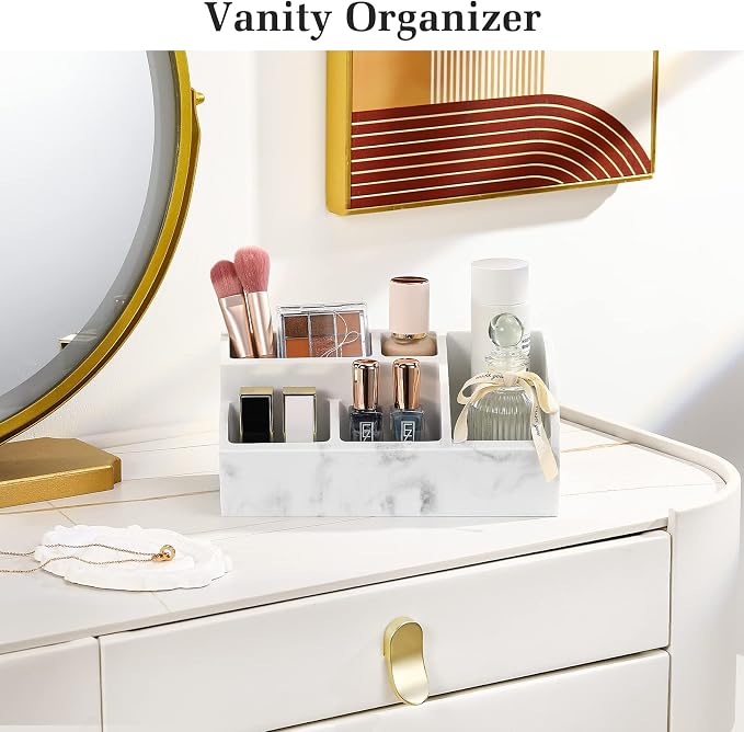 Luxspire Bathroom Counter Organizer, Toothbrush Holder for Bathroom 5 Slot, Large Countertop Organizer Storage Marble Bathroom Accessories for Toothbrush Toothpaste, Gravel White