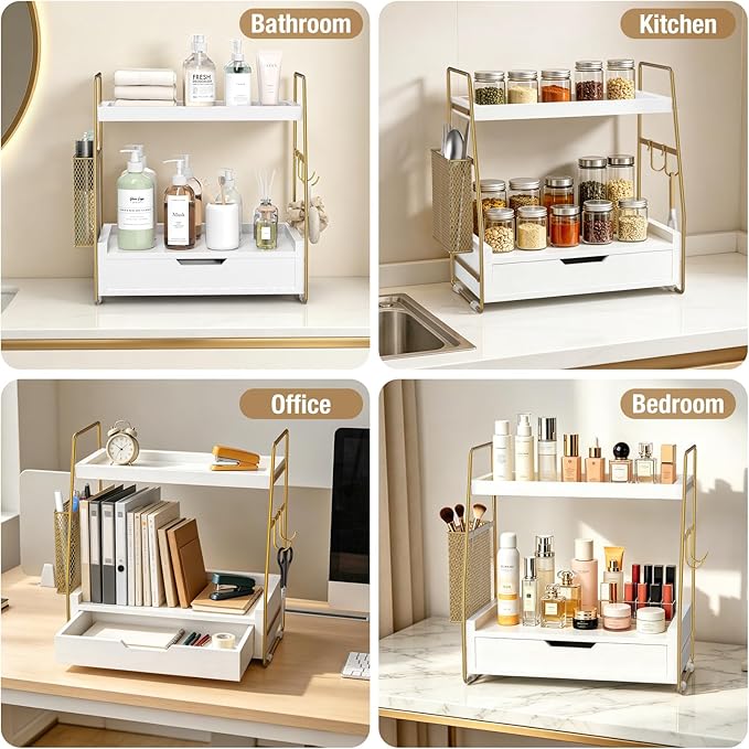 2-Tier Bathroom Counter Organizer with Drawer and Removable Basket, Wood Vanity Countertop Storage for Perfume, Makeup, Skincare, Bathroom Counter Shelf, 13" x 7.9" x 14.5", White Gold
